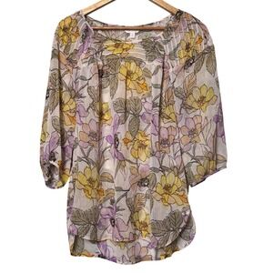 LC Lauren Conrad Womens Floral Chiffon Pleated Blouse Yellow Purple Size M